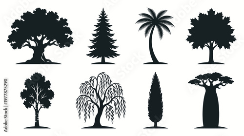 Collection of Eight Different Tree Silhouettes Including Oak Pine Palm Maple Birch Willow Cypress and Baobab Isolated on White Background for Graphic Design Use