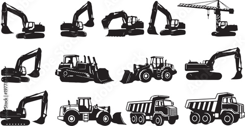 Collection of heavy construction equipment silhouettes in black and white