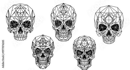 Geometric wireframe skulls in black lines.