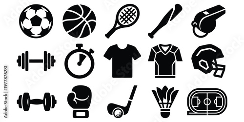 Sports icon set featuring football, basketball, tennis, fitness, and training equipment, clean vector style perfect for gym, athletics, and competition themes.