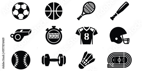 Collection of sport and fitness icons including balls, stopwatch, jersey, helmet, and workout tools, ideal for apps, sports branding, and active lifestyle design.