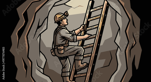 Man climbing ladder in mine shaft.