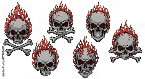 Set of six skulls with flames.