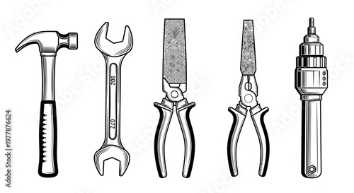 Set of various hand tools equipment.