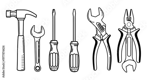 Set of various metal hand tools.