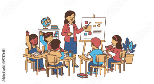 Teacher and students in classroom setting.