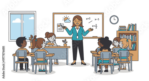 Teacher standing in classroom explaining lesson.