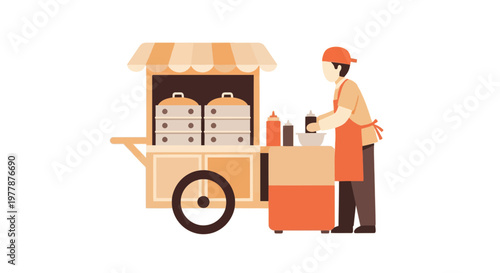 Flat Vector Illustration of Dim Sum Street Food Vendor with Bamboo Steamer Cart and Character