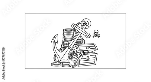 Pirate Treasure Chest, Anchor, Coins, and Skull Icon - Black and White Outline
