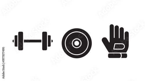 Fitness Icons Set Including Dumbbell, CD and Hand for Sports and Music Concepts