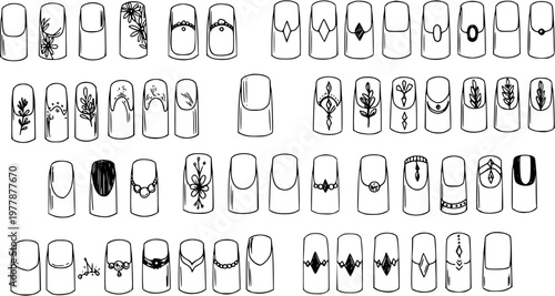 Beauty Manicure Nail Art Designs Collection in Black and White Line Art Style - Hand-Drawn Sketch for Fashion and Personal Care Concepts