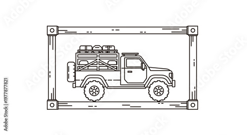 Off-road Adventure Vehicle Loaded for Expedition, Line Art Illustration