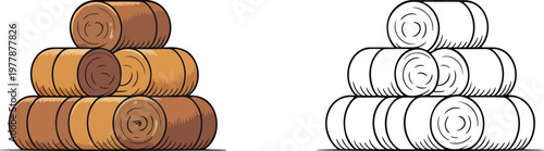 Hay bales illustration & outline set isolated on transparent background