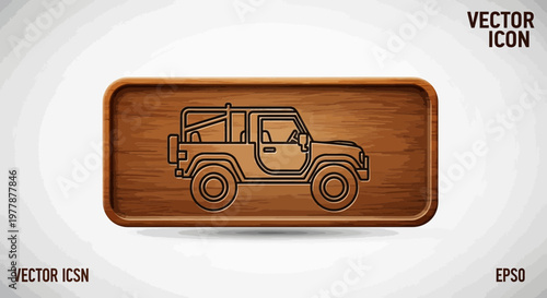 Off-road Jeep Icon Engraved on Wood Texture - Vector Illustration