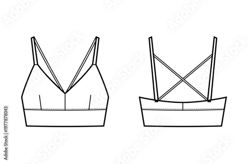 Triangle Sports Bra Flat Sketch, Women Strappy Cross Back Yoga Bra Technical Drawing Front Back, Activewear Line Art Vector