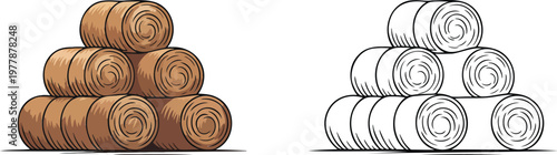 Hay bales illustration & outline set isolated on transparent background