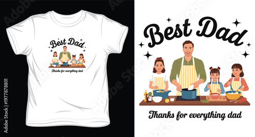 Best dad father and three kids cooking together in kitchen, cute vector for t-shirt design or poster.