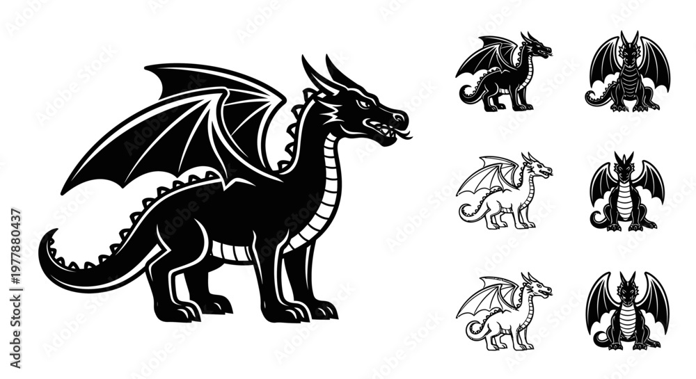 Fototapeta premium Black dragon with various poses.