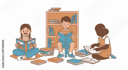 Children sitting and reading books.