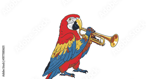 Colorful Parrot Playing Trumpet Solo Music.