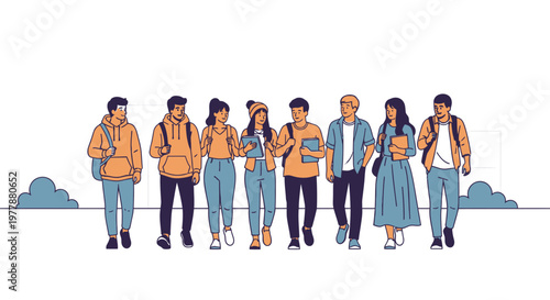 Diverse group of young adults walking 1.