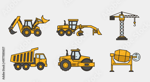 Construction vehicles and equipment icons.