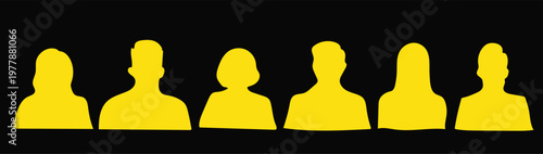 Yellow vector silhouettes of people's heads and shoulders on black background, vibrant human avatars for modern UI and social media interface.