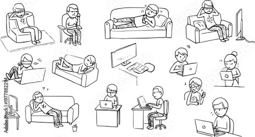 Black and White Line Art of People Using Laptops and Devices, Technology Lifestyle
