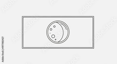 Minimalist crescent moon icon with craters in a rectangular frame