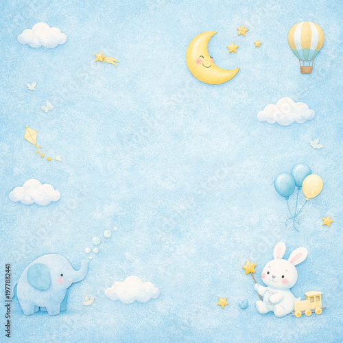 baby shower card with teddy bear, Textured background. Elegant surface in a light blue tone. Children's wallpaper.