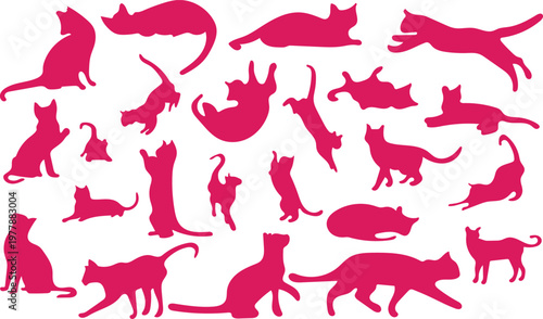 Large set of Pink Cat silhouettes and kitten poses, isolated on white background, Cute feline vector collection for feminine pet branding and accessories.
