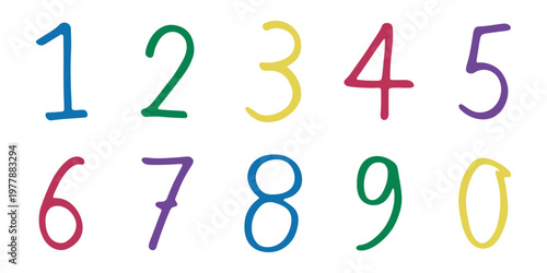 Hand drawn colorful numbers 1 2 3 4 5 6 7 8 9 0 Stylish brush painted numbers doodle Count, math, kids education