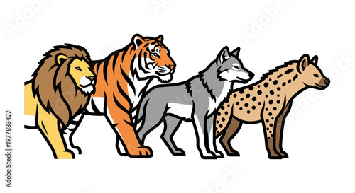 Cartoon lion tiger wolf hyena animals.