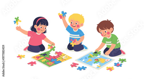 Children playing with puzzle pieces together.
