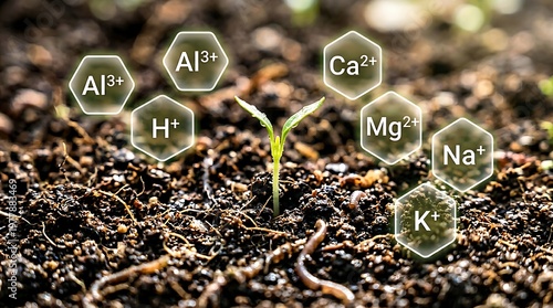 Young plant growing in soil with essential mineral nutrient labels