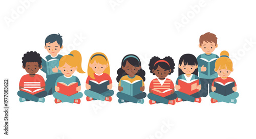 Diverse group of children reading books.