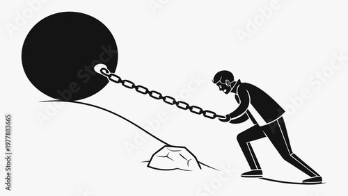 Man Struggling with Burden: A determined figure strains against a heavy weight, symbolizing the trials and tribulations of life's struggles, the man is bound to the sphere by a chain