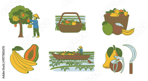 Fresh fruits and vegetables icons set.