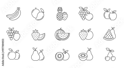 Variety of fruit icons line art.