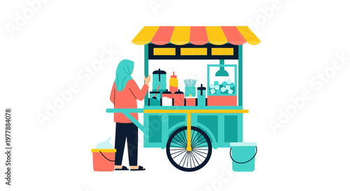 Muslim Woman Street Food Vendor with Traditional Cart Flat Vector Illustration