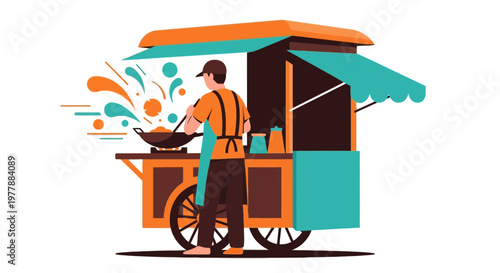 Flat Vector Illustration of a Street Food Vendor Cooking with Wok on Traditional Asian Food Cart