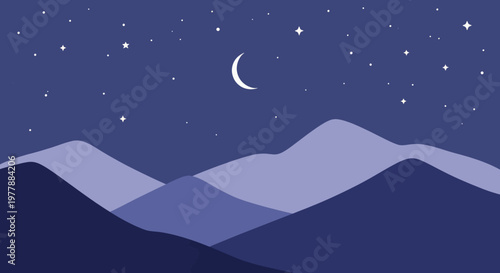 Serene crescent moon hangs in a starry night sky above rolling, tranquil mountains.