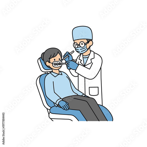 Dentist treating female patient in medical chair illustration