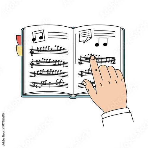 Hand pointing at musical sheet notes in a songbook illustration