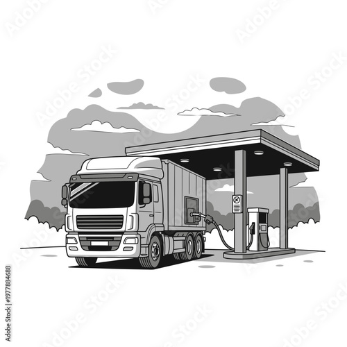 Semi truck refueling at a gas station illustration