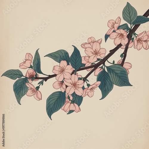 Vintage Japanese woodblock cherry blossom branch illustration, subtle Ukiyo-e floral isolated