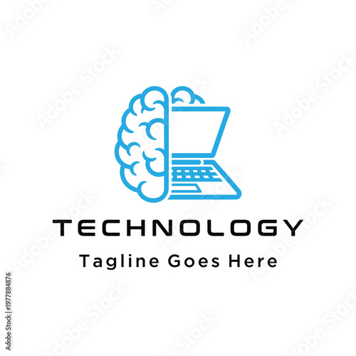 Modern Human Brain seamlessly integrated with laptop for Fusion of intelligence thinking digital technology software hardware Logo Design