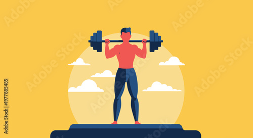 Muscular man lifting heavy barbell during intense strength training workout