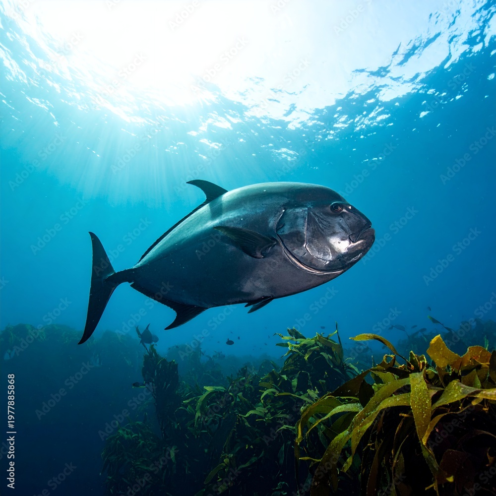 Obraz premium Underwater view of a large fish swimming near the ocean floor with sunlight filtering through the water.