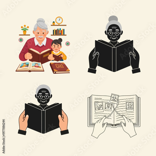Cartoon illustrations of people reading books and a child with an elderly woman learning from a book together at home